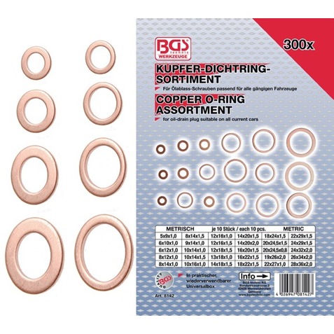 BGS 8142 Kupferringe Set - 300-teiliges Sortiment Dichtringe aus Kupfer BGS 8142 Kupferringe Set - 300-teiliges Sortiment Dichtringe aus Kupfer