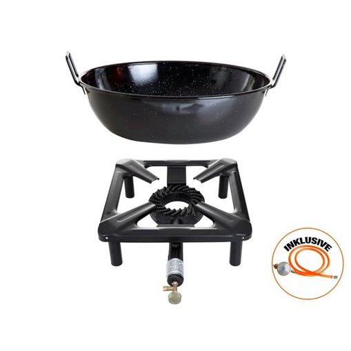 Kleines Hockerkocher-Set mit Emailleschüssel Ø 30 cm, Gasschlauch und Regler