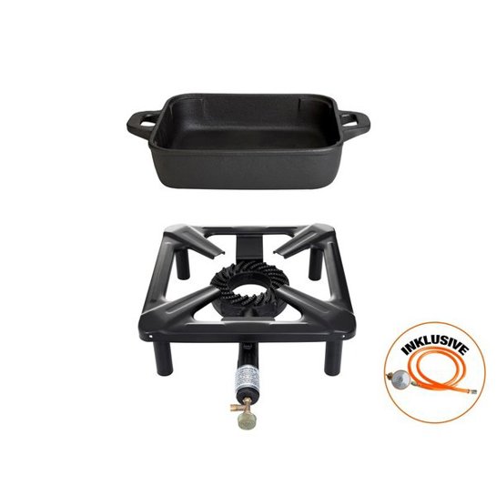 Hockerkocher-Set klein mit Gusseisenpfanne 26x26 cm inkl. Gasschlauch und Regler Hockerkocher-Set klein mit Gusseisenpfanne 26x26 cm inkl. Gasschlauch und Regler