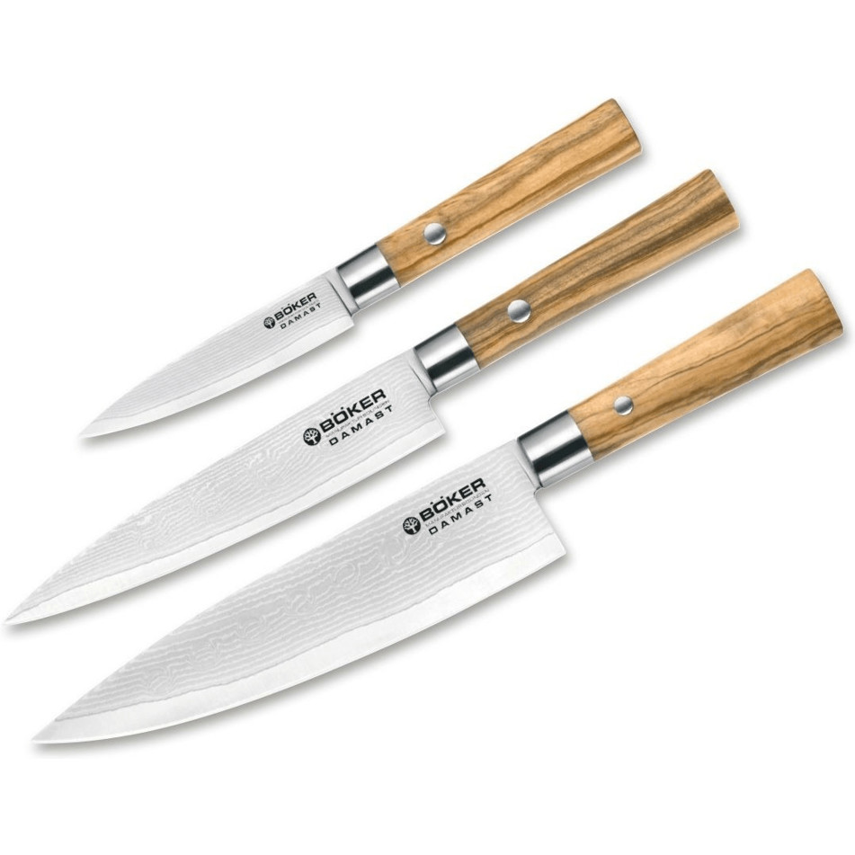 Böker 3-teiliges Damast Olive Messerset - Hochwertige Kochmesser für Profi und Hobby-Köche Böker 3-teiliges Damast Olive Messerset - Hochwertige Kochmesser für Profi und Hobby-Köche