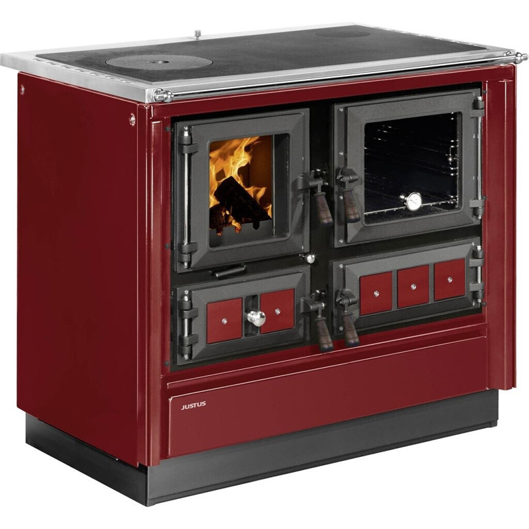 Justus Rustico-90 2.0 Scheitholzherd - 7 kW mit Rauchgas-Anschluss & Backfach rechts - Bordeaux