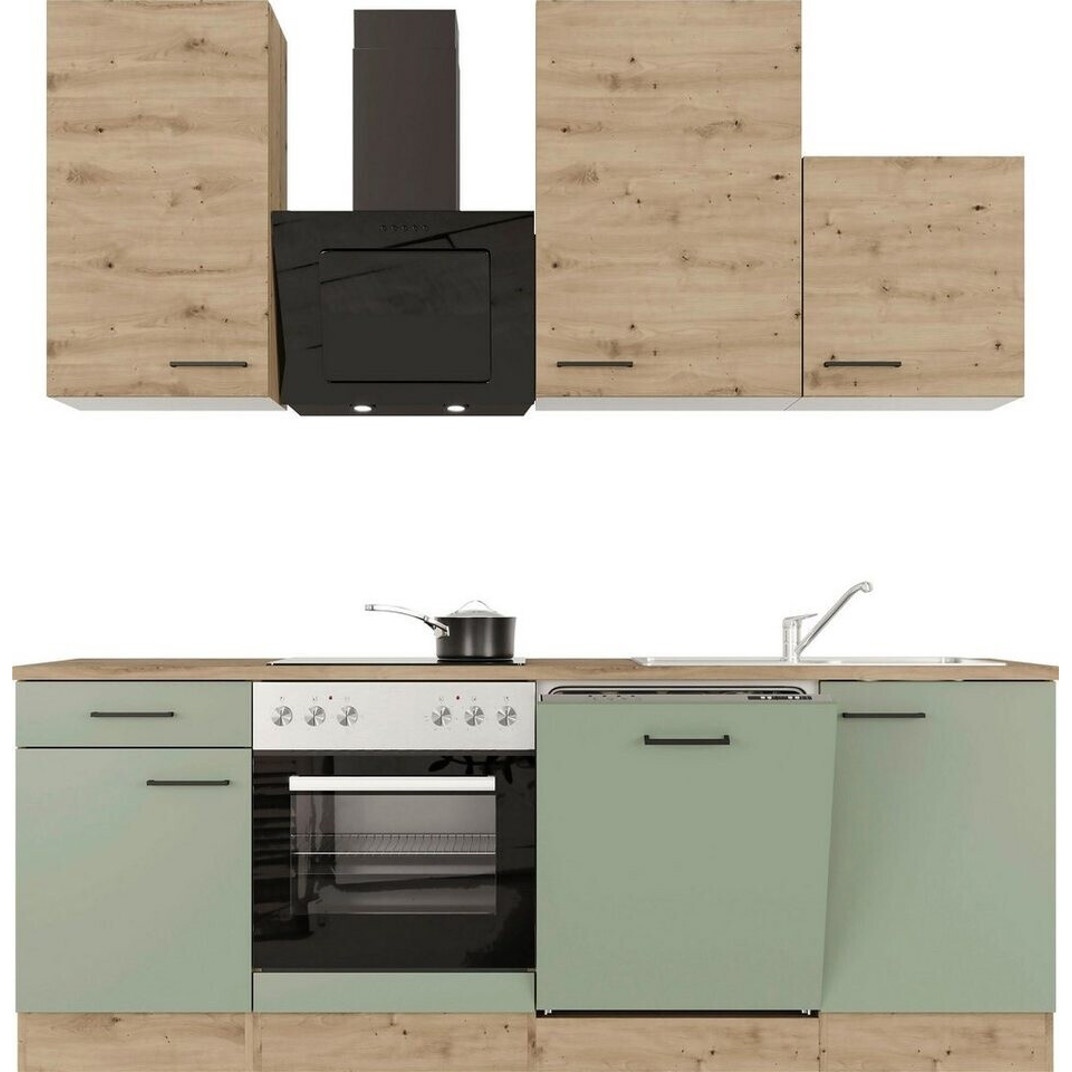 Flex-Well Küchenzeile Cara 220 cm - Grüne Eiche, Matt, Reversible, Zerlegbar