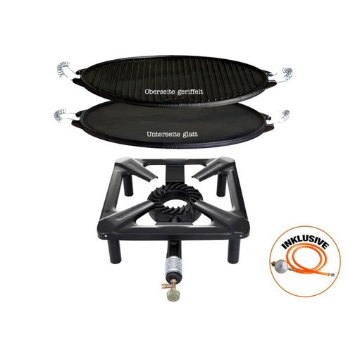 Kleines Hockerkocher-Set mit Gusseisengrillplatte Ø 38 cm – Inkl. Gasschlauch und Regler Kleines Hockerkocher-Set mit Gusseisengrillplatte Ø 38 cm – Inkl. Gasschlauch und Regler