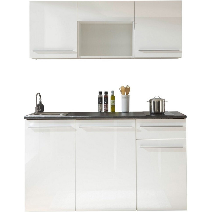 Kompaktküche Basic By Balculina JAZZ 160 cm - E-Geräte in Weiß/Braun