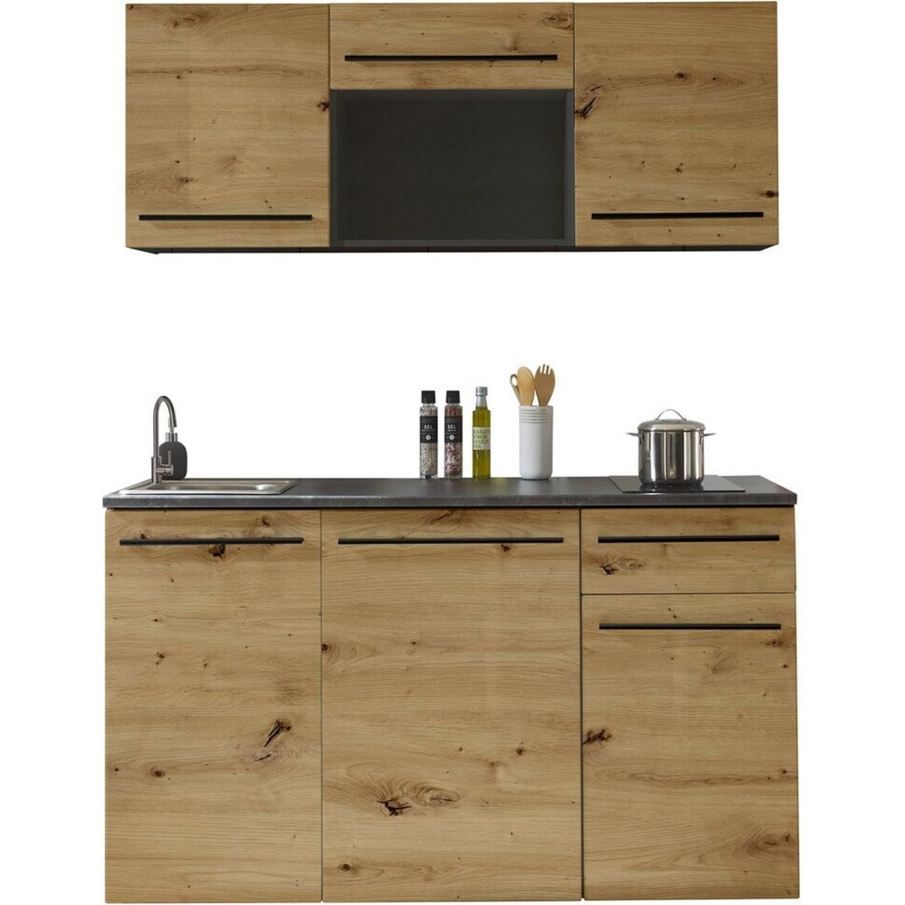 Balculina Kompaktküche JAZZ 160 cm mit E-Geräten in Braun/Schwarz