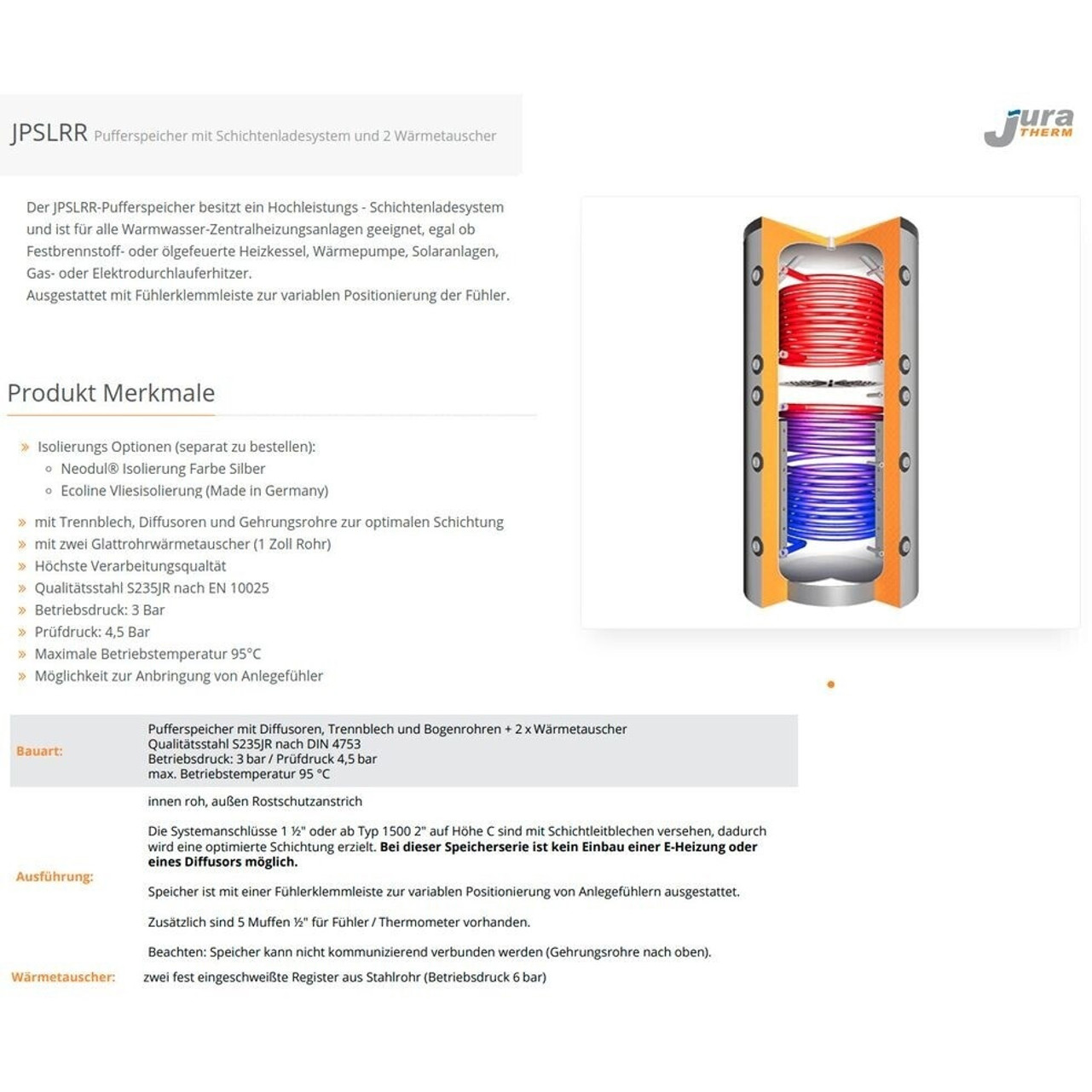 Juratherm TPSLRR 1000 + 2 Solarwärmetauscher - Effizienter Pufferspeicher für optimale Wärmeversorgung