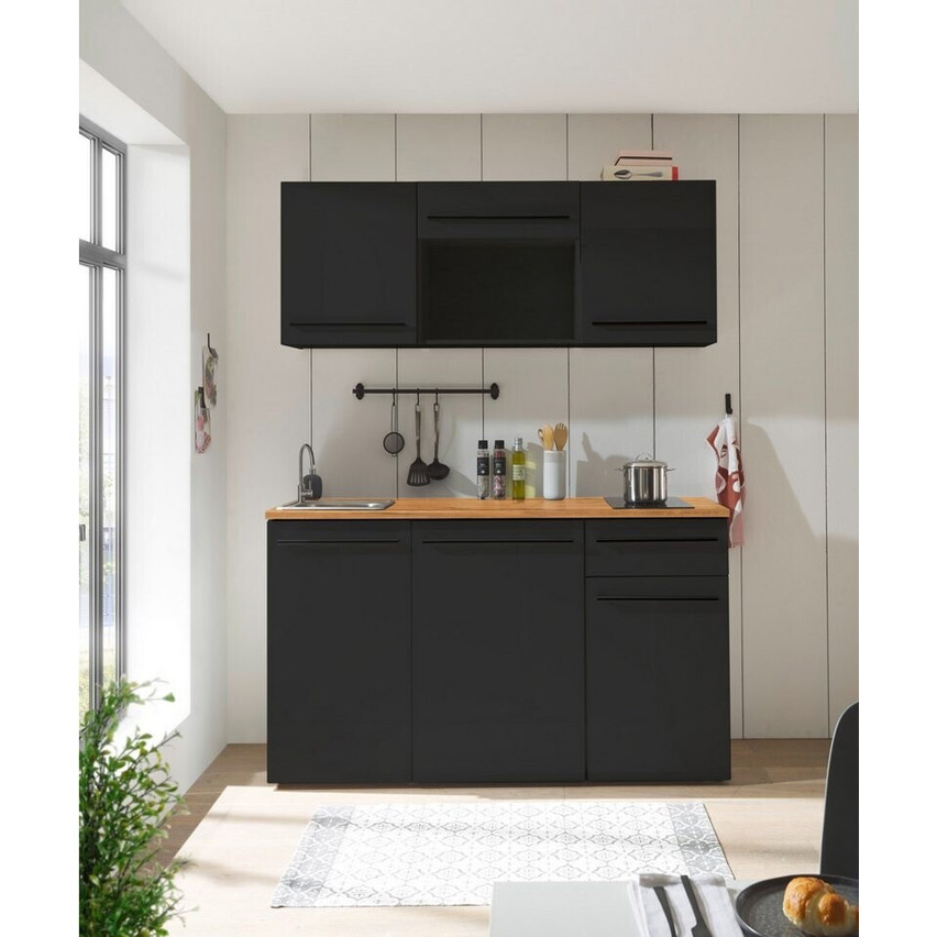Kompaktküche Basic By Balculina JAZZ 160 cm mit E-Geräten - Schwarz Matt/Eichefarben