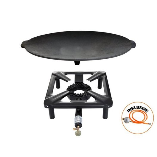 Hockerkocher-Set (klein) mit Gusseisengrillschale Ø 45 cm – inklusive Gasschlauch & Regler Hockerkocher-Set (klein) mit Gusseisengrillschale Ø 45 cm – inklusive Gasschlauch & Regler