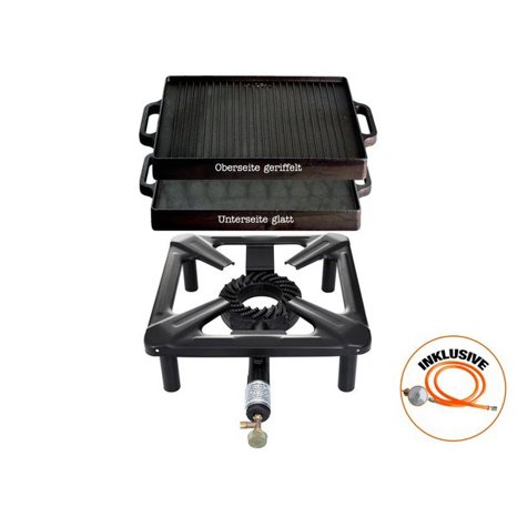 Kleines Hockerkocher-Set mit Gusseisengrillplatte 32 x 32 cm – Inkl. Gasschlauch und Regler Kleines Hockerkocher-Set mit Gusseisengrillplatte 32 x 32 cm – Inkl. Gasschlauch und Regler