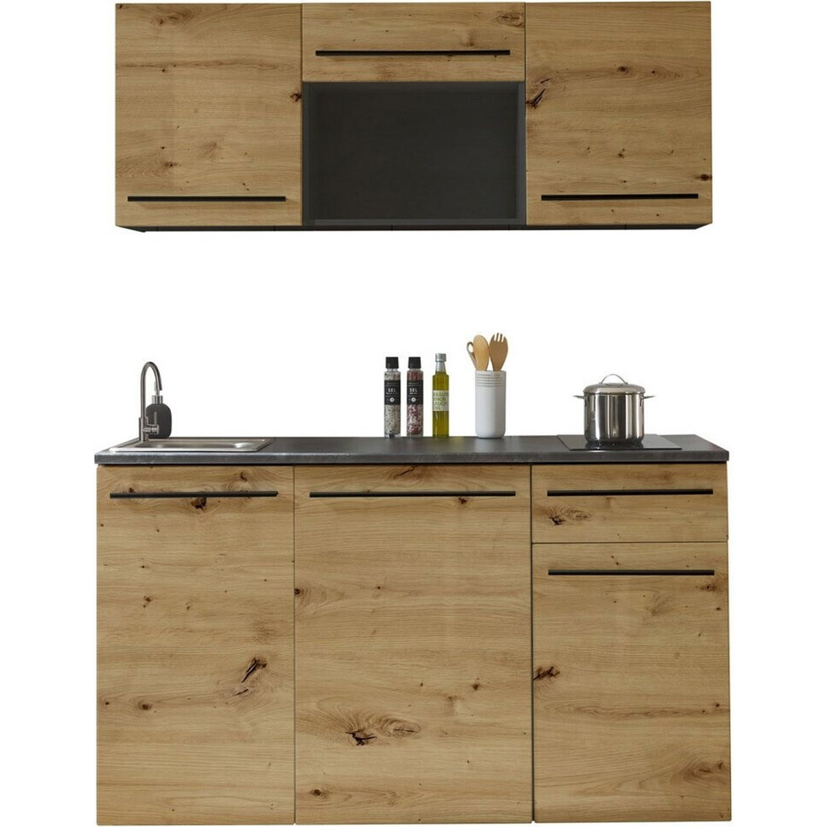 Basic By Balculina JAZZ Kompaktküche 160 cm mit E-Geräten und Mikrowelle in Braun